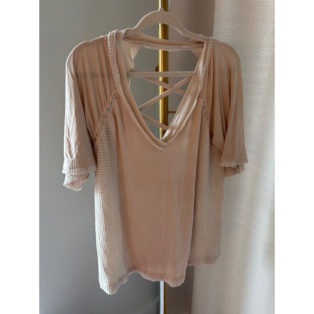 POL Womens Bone color Mixed Media Waffle Knit Strappy‎ Crisscross Back Top Large